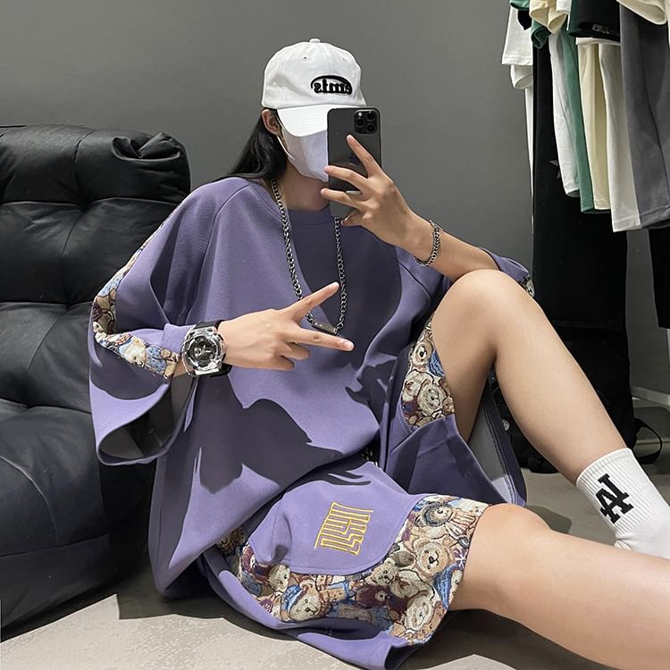 Koiyua - Set: T-shirt met korte mouwen, ronde hals en berenmotief + korte broek met trekkoord in de taille
