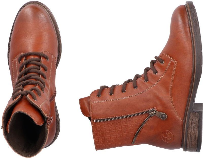 Rieker - Veterlaarsjes - Cognac - Blokhak - Schachtprint - Ritssluiting