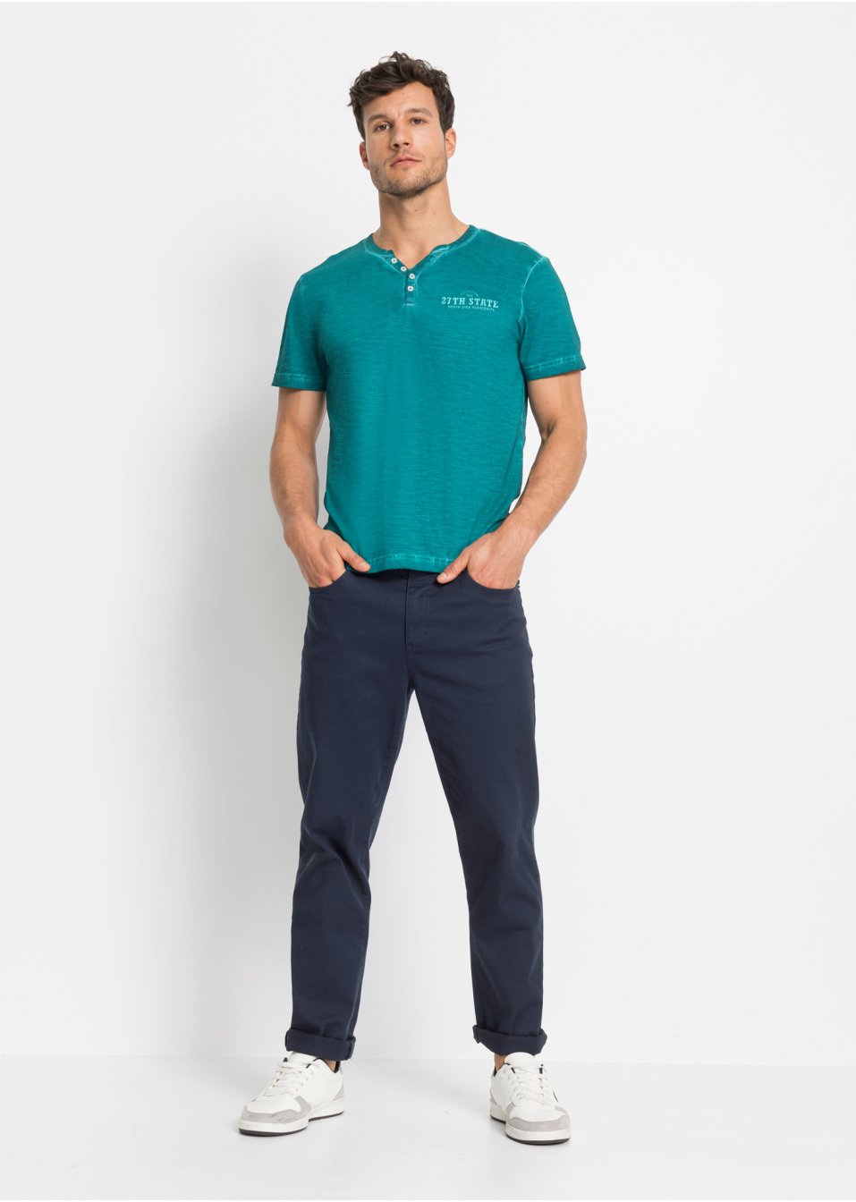 T-shirt col Henley, manches courtes et aspect délavé