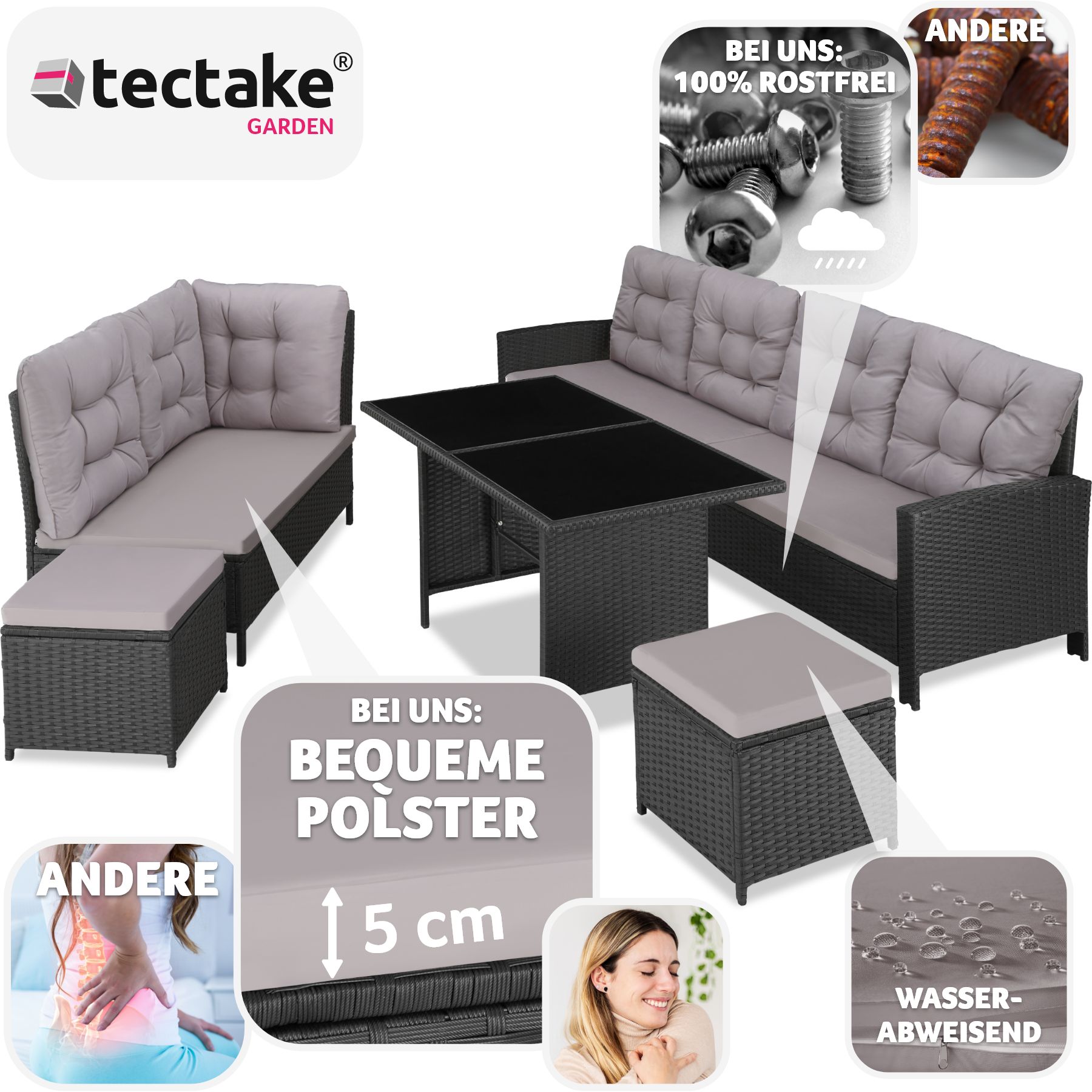 tectake® Rattan Lounge, für 6 bis 8 Personen, UV-beständig, mit Sicherheitsglasplatten