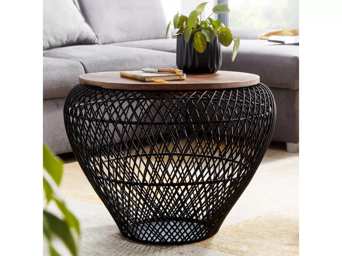 Table Basse de Salon Mangue Bois Massif et Métal 60x60x45 cm Ronde Noir | Petite Table de Canapé avec Rangement | Design Table d'appoint Style Moderne