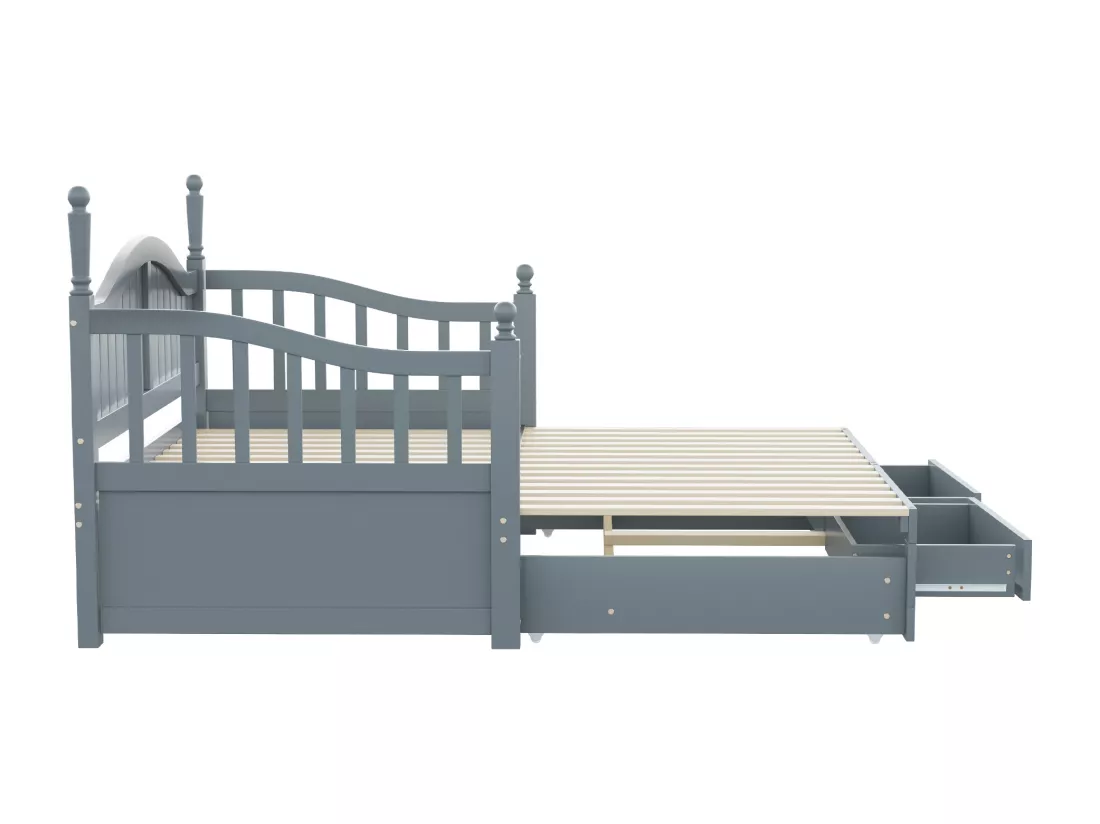 Canapé-lit pliant en bois massif - avec colonnes romaines - dossier et accoudoirs courbés - avec 2 tiroirs - gris (matelas non inclus)