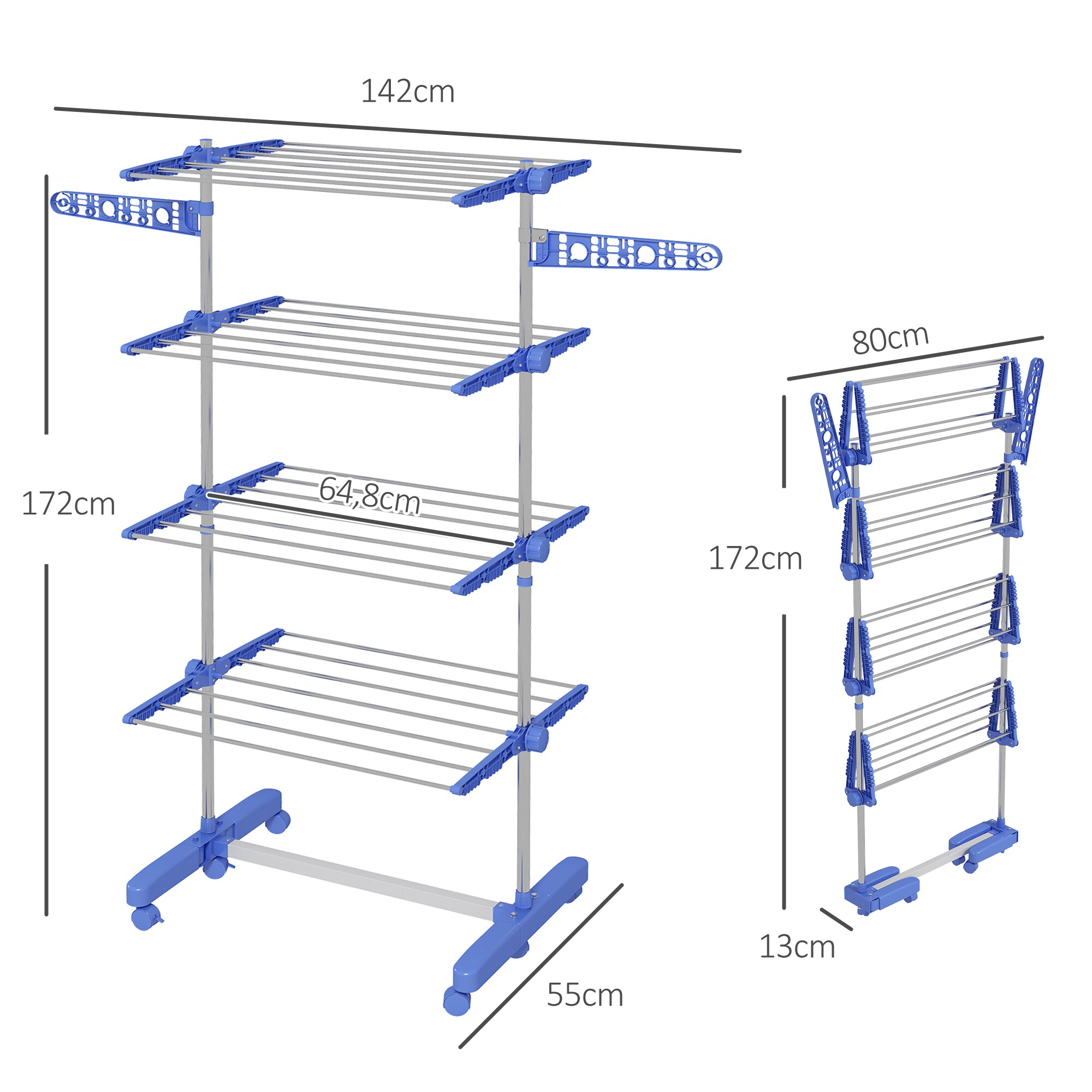 HOMCOM Wäscheständer mit Kleiderhaken grau 142L x 55B x 172H cm