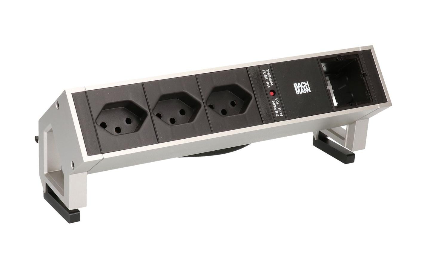 Tischsteckdosenleiste DESK 2 3x T13, 1x ABD<br>Steckdosenleiste, 2x T13 Buchsen 90°, 1x Custom, Inox
