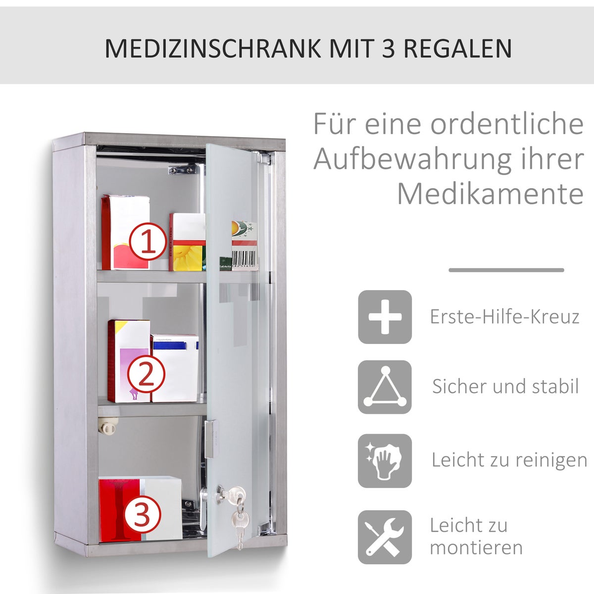 HOMCOM Medicijnkast, afsluitbare apothekerskast, EHBO-kast met 3 compartimenten, wandkast, roestvrij staal, zilver, 25 x 12 x 48 cm