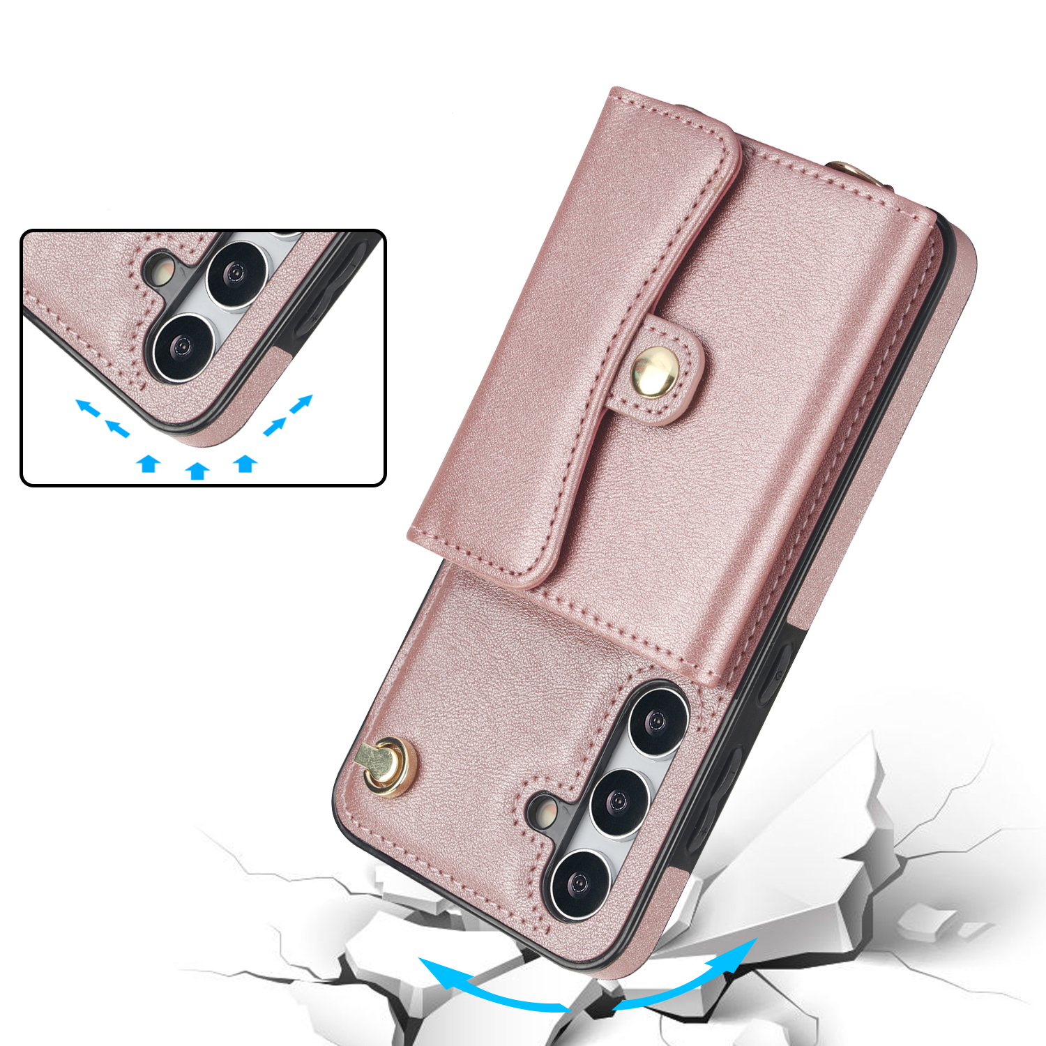 Samsung Galaxy S24 Necklace Leder Schutz Hülle mit Kartenfach   Handykette (140cm) - Roségold