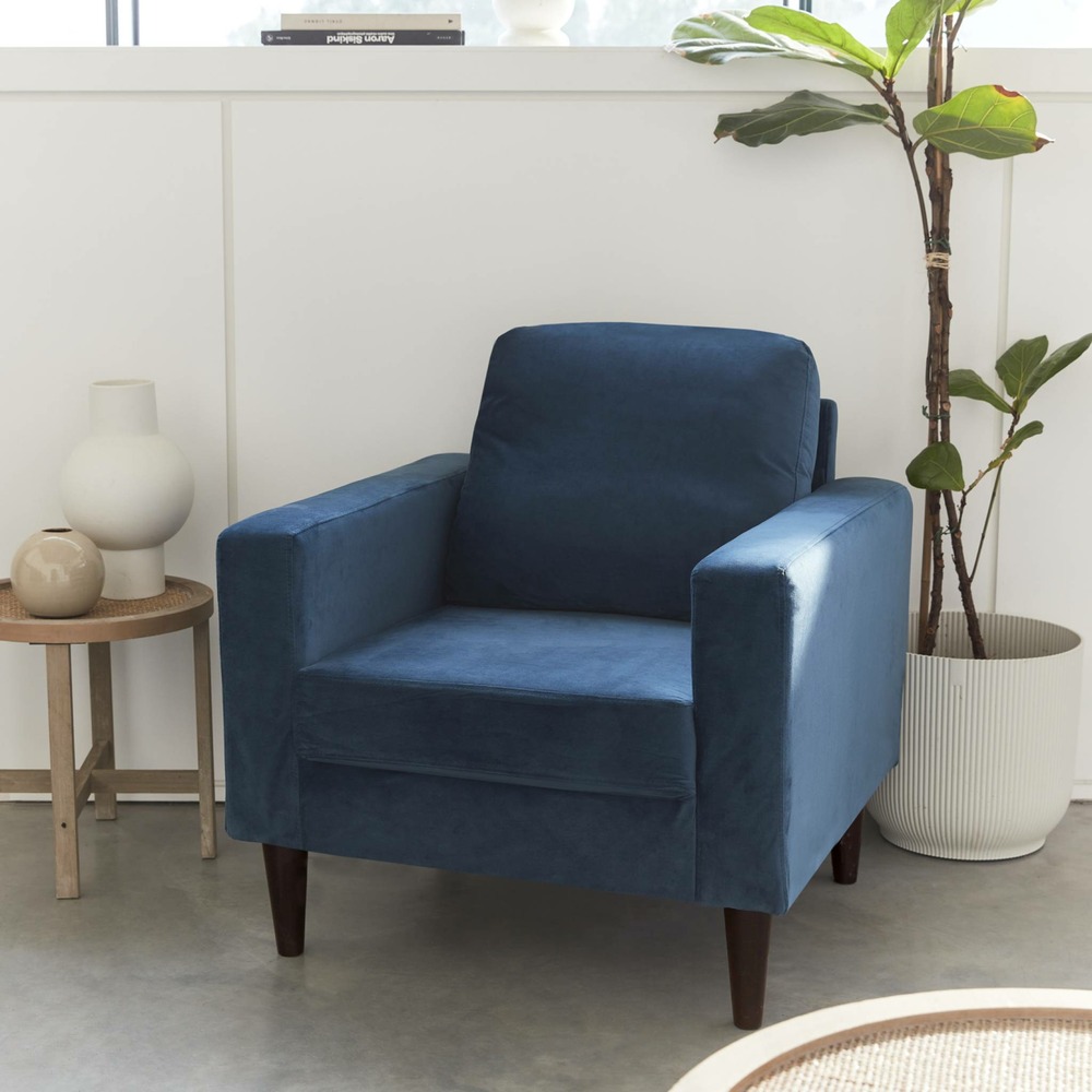 Fauteuil scandinave en velours bleu - bjorn - canapé 1 place fixe droit pieds bois