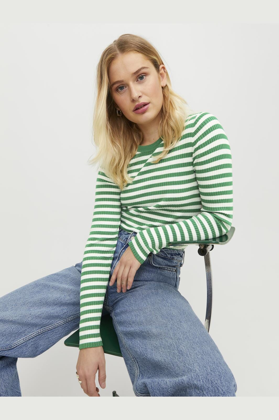 Jjxx Jxjodi Tight Stripe Crew Neck Knit 4412396 medium green cloud dancer