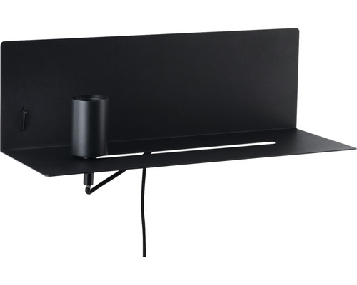 Wandlamp met plank + USB-aansluiting, 1-lamp, HxBxD 13x40x17 cm, Devara zwart met schakelaar
