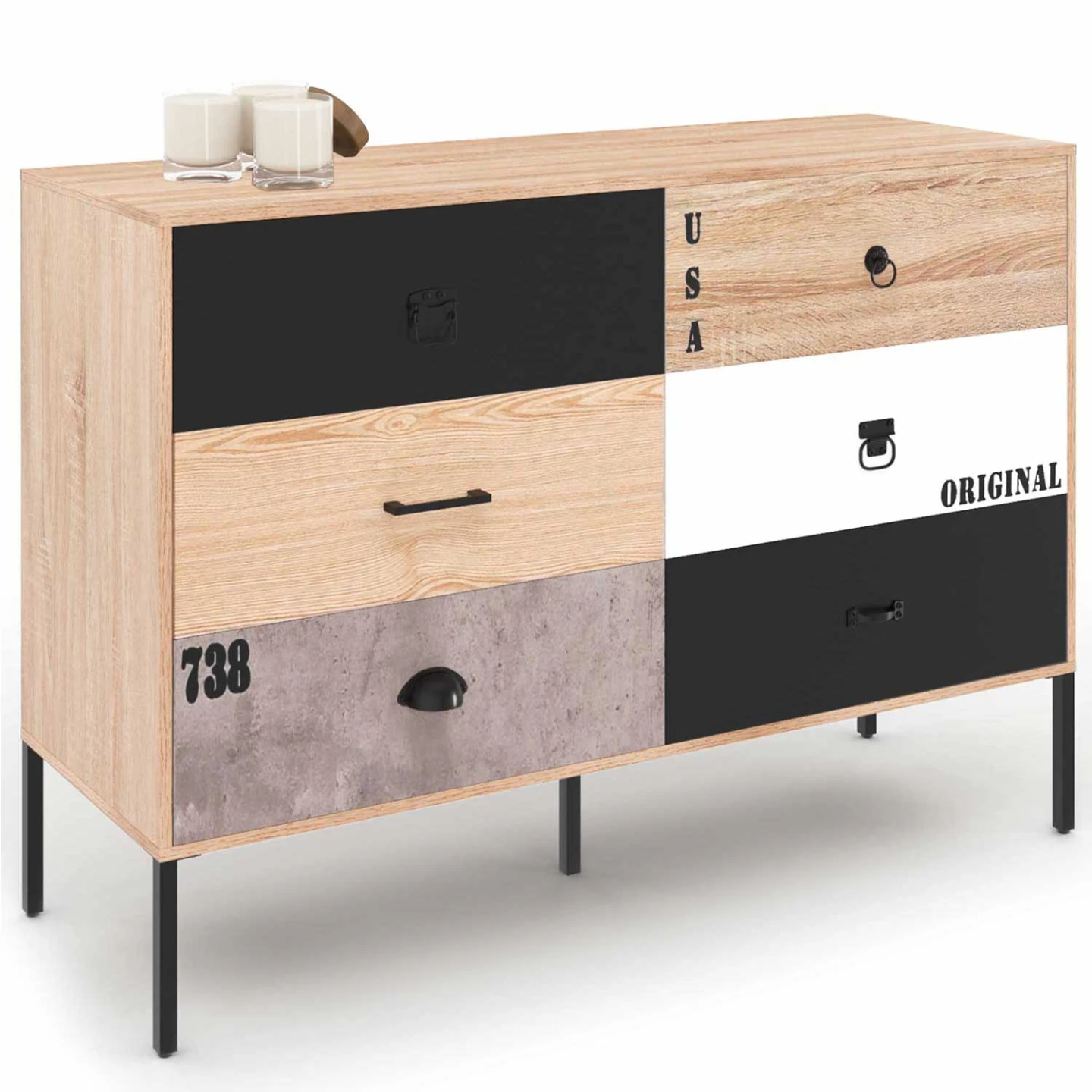 Commode 6 tiroirs SACRAMENTO 115 cm design industriel dépareillé