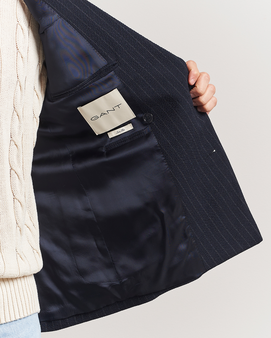 GANT Slim Fit Seersucker Double Breasted Blazer Evening Blue