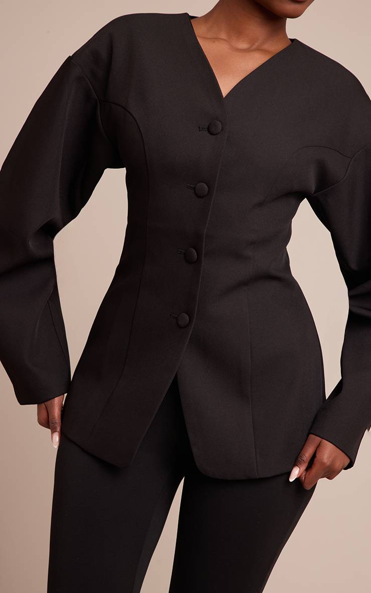 Noir Blazer Sans Col À Boutons Recouverts De Tissu