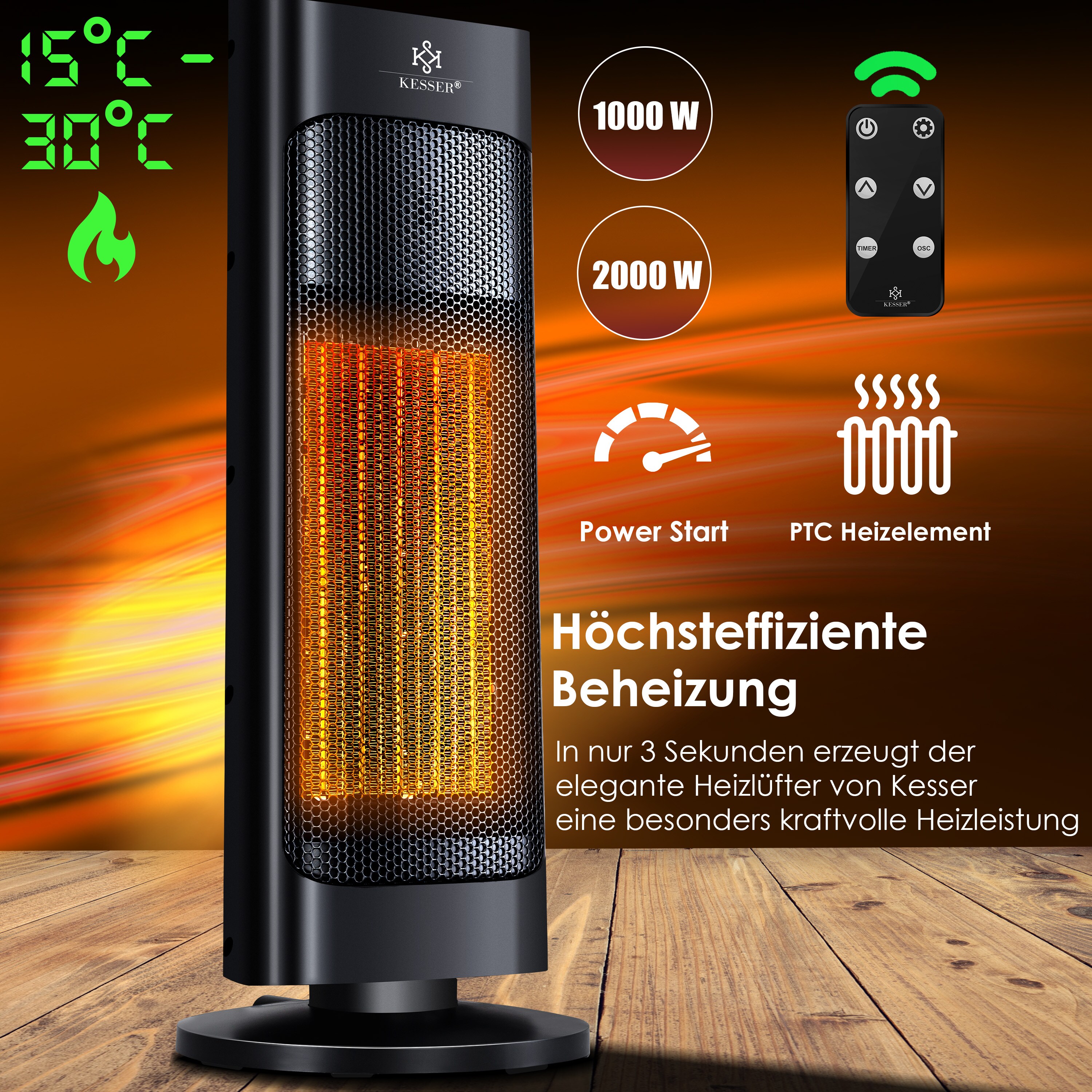 KESSER® Heizlüfter mit Fernbedienung energiesparend leise 2000W Keramik Heizstrahler Standheizstrahler 15-30°C - Schnellheizer mit 80° Oszillationsfunktion 24h TimerHeizung Turmheizstrahler
