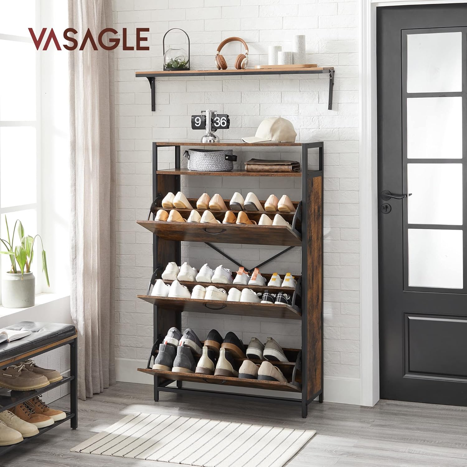 VASAGLE Schuhschrank, schmales Schuhregal, Schuhkipper mit 3 Klappen, für 15-24 Paar Schuhe, platzsparend, staubdicht, 30 x 80 x 130 cm, für Flur, vintagebraun-schwarz LBS802B01