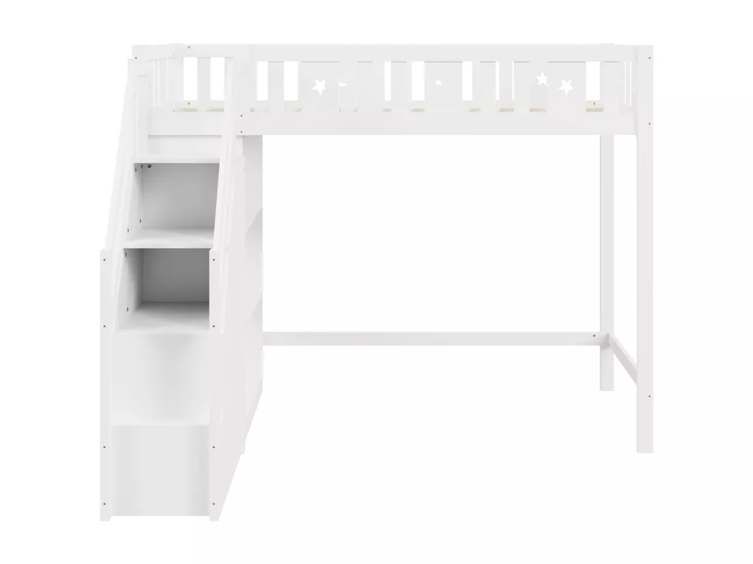 Lit mezzanine 90x200 cm, lit enfant avec avec échelle et étagères de rangement, antichute, structure en bois massif, blanc