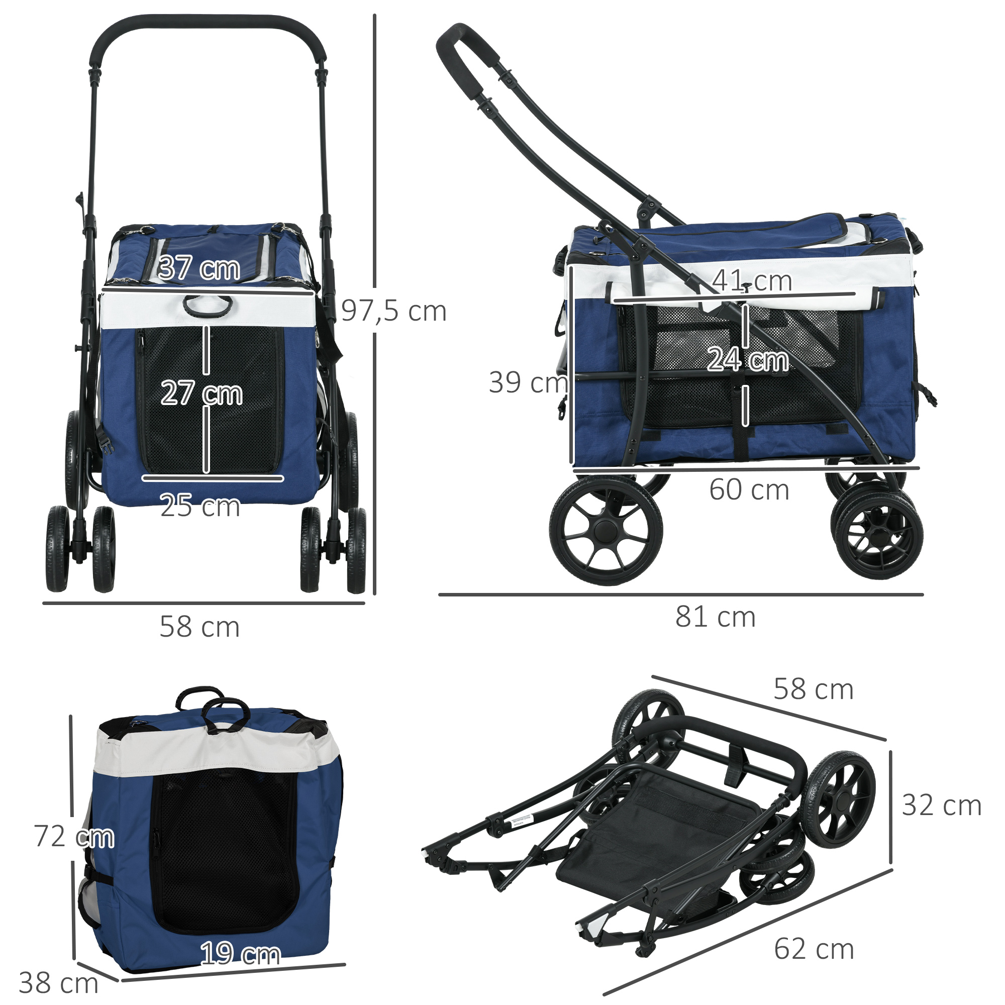 Carrinho para Cães PawHut, Dobrável, com Cesto Destacável, 4 Portas com Zíper, 2 Cintos de Segurança, 2 Alças de Transporte e Almofada, Azul