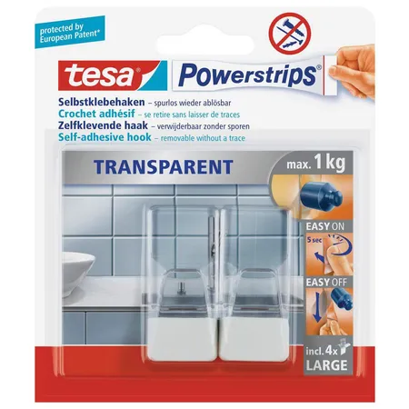 tesa Powerstrips Haken Large, transparent, 2 Haken
