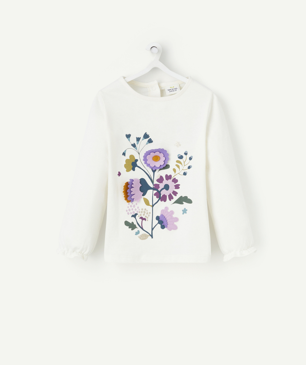 T-SHIRT BÉBÉ FILLE EN COTON BIO ÉCRU AVEC FLEURS EN RELIEF