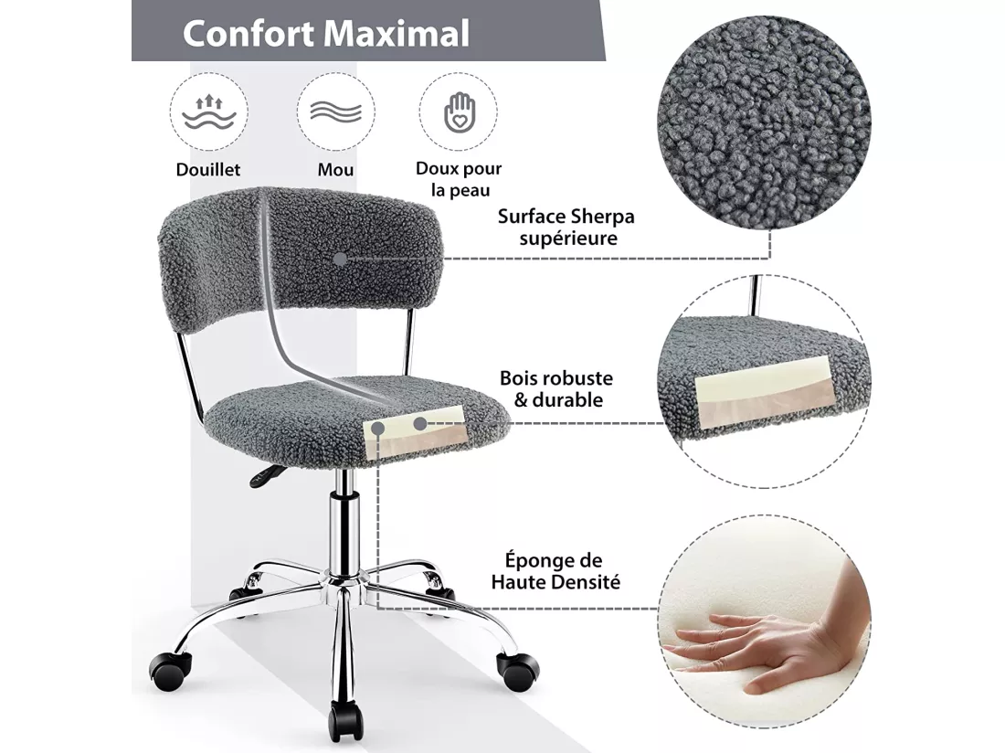 Chaise de Bureau à Domicile, Chaise de Loisirs Pivotante en Fausse Fourrure avec Siège Rembourré Réglable en Hauteur, pour Chambre, Bureau, Chambre d'amis, Gris