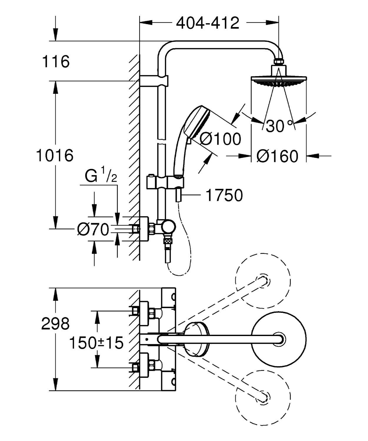 Grohe Tempesta Cosmopolitan douchesysteem m. douchekraan thermostatisch m. aquadimmer m. Euphoria Cosmo hoofddouche 160mm Rain m. New Temp. Cosmo II handd chroom