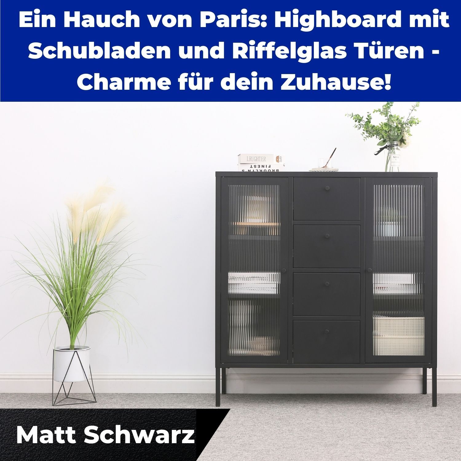 Mein-Regal Highboard Paris 105x35x110cm Metall 4 Schubladen Glastüren schwarz