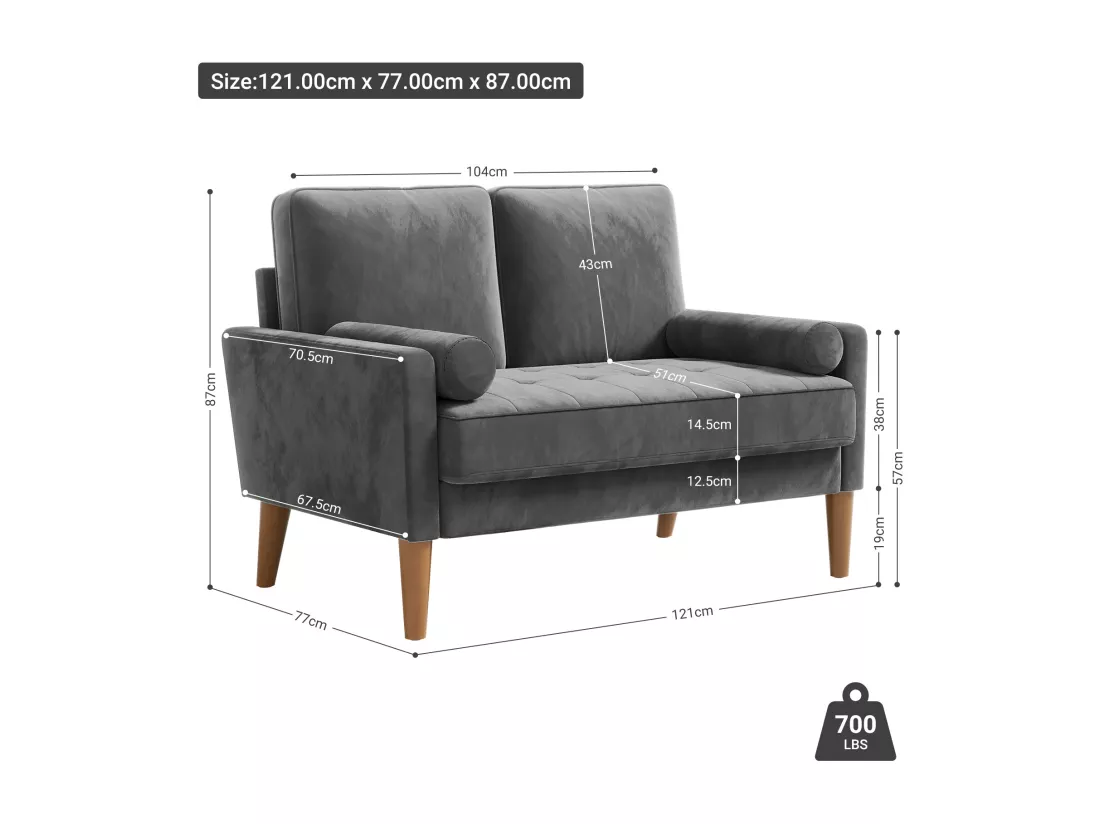 Canapé à 2 Places Scandinave,Mini Canapé à Bras Roulés en Velours Loveseat,Fauteuil Salon avec Accoudoirs,121x77x87cm - Gris