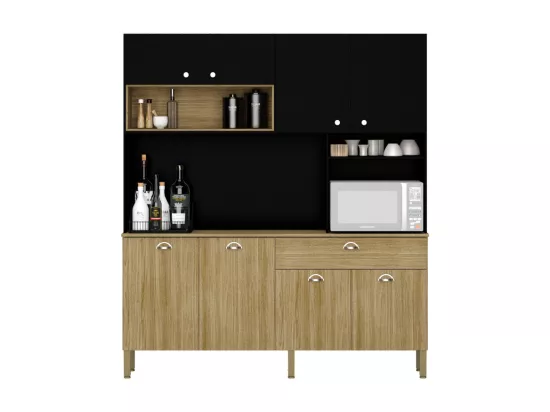 Buffet de Cuisine 8 Portes 1 Tiroir 10 NIches Chêne et Noir L 182.8 H 205 P 39.3 cm