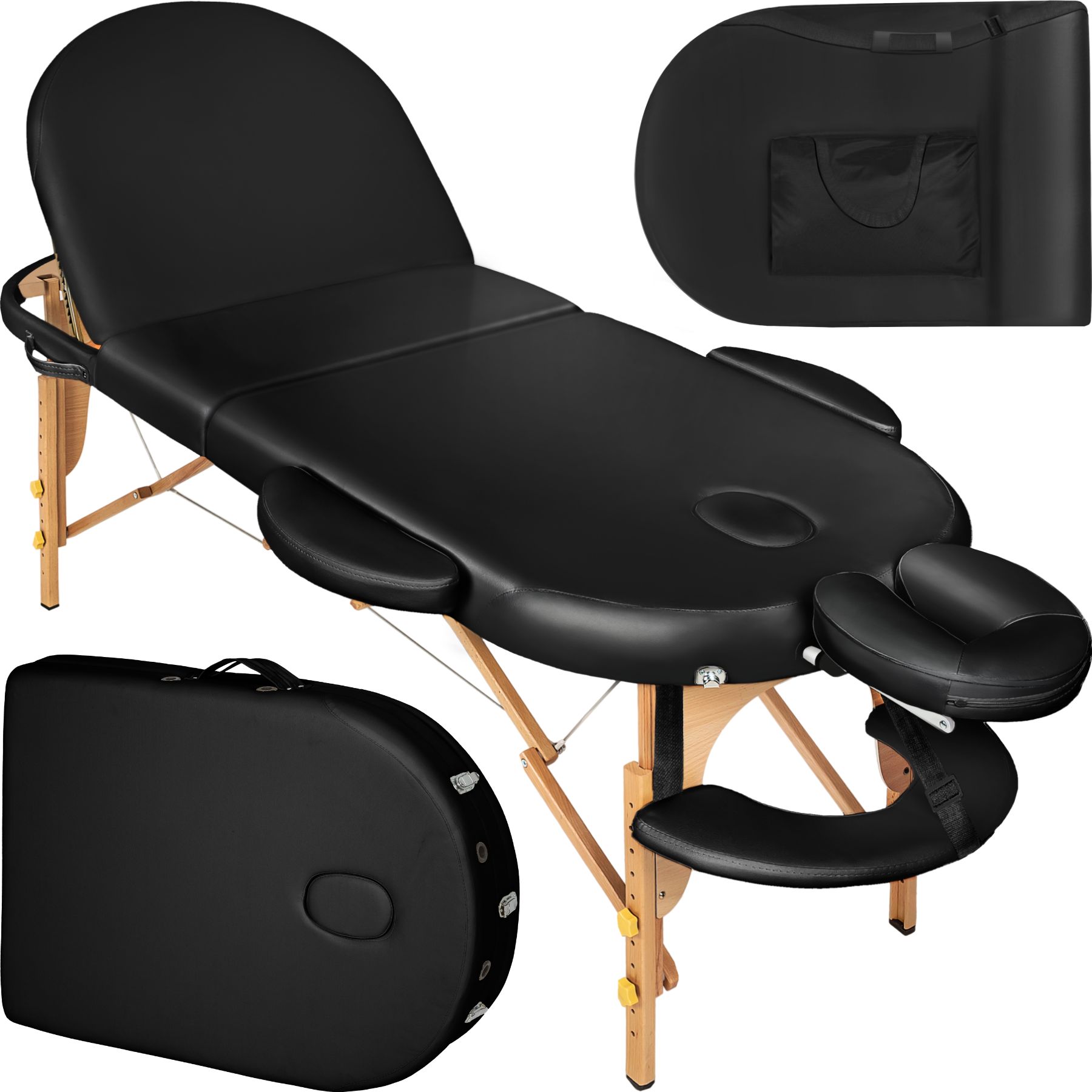 tectake® 3 Zonen Massageliege, oval, Polsterung 5 cm, mit Holzgestell, verstellbare Ablagen für Kopf und Arme, 230 x 104 x 62,5 - 85 cm