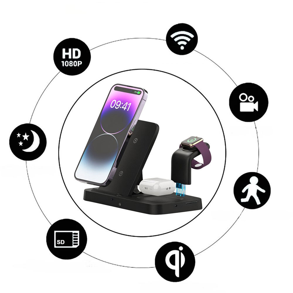 (15W) Smarte 3-in-1 iPhone / Apple Watch und AirPods Ladestation mit unsichtbarer 1080p Überwachungskamera   Micro SD Kartenslot - Schwarz
