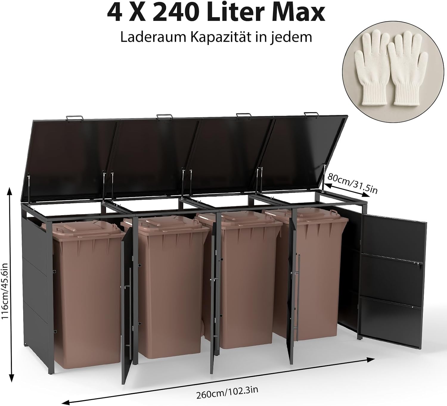 Metallische Mülltonnenbox für 120-240 Liter, 264 x 80 x 116 cm, Mülltonnenlagerung für 4 Tonnen, Verzinktes Stahl-Müllschuppen, Außendeckel mit abschließbarer Tür für Garten und Hinterhof