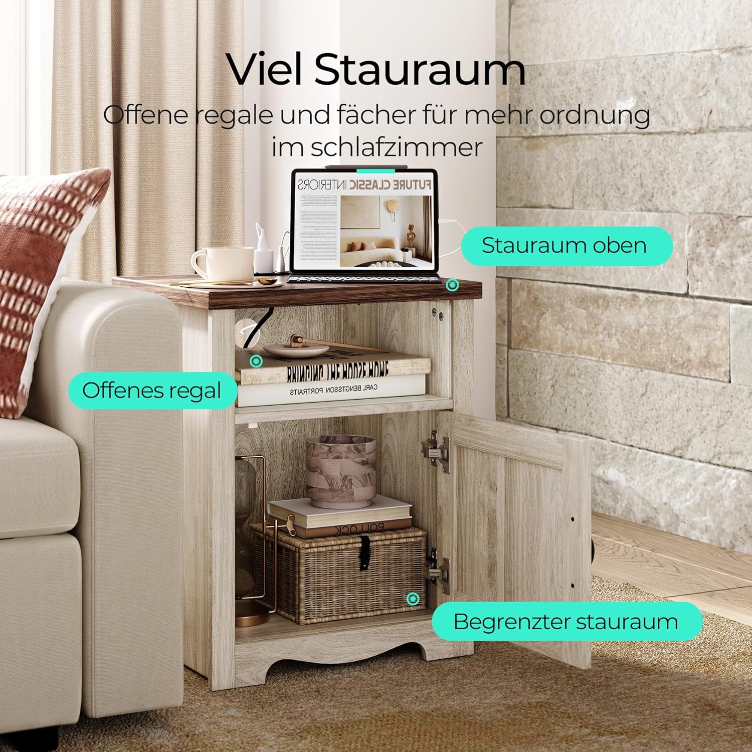 LINSY HOME Nachttisch 2er Set, 48cm Breit Holz Beistelltisch mit Steckdose, Nachtschrank für Schlafzimmer, Wohnzimmer, Couch mit USB Ports und Steckdosen, Nachttisch mit Stauraum, 48x40x60cm, Beige