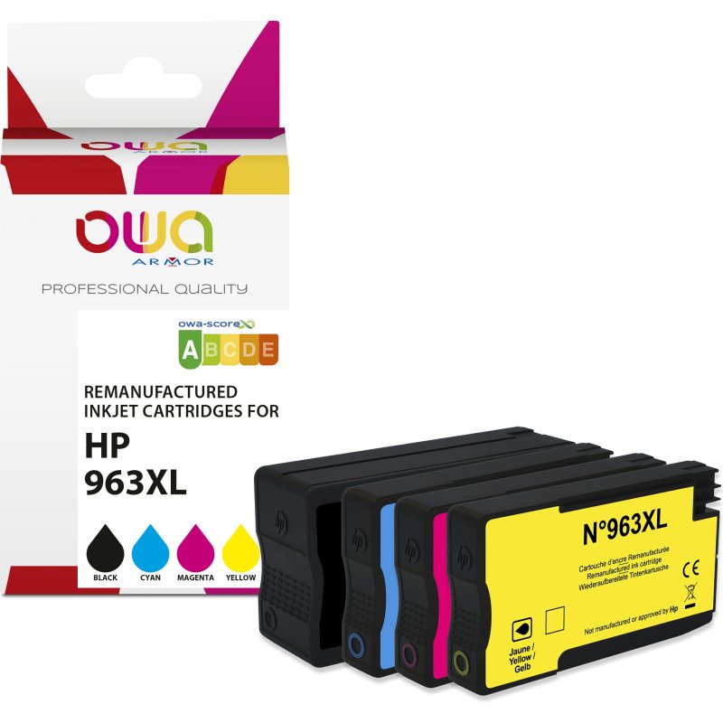 Pack 4 toners remanufacturés OWA équivalent HP 3JA30AE 963XL pour imprimante jet d'encre
