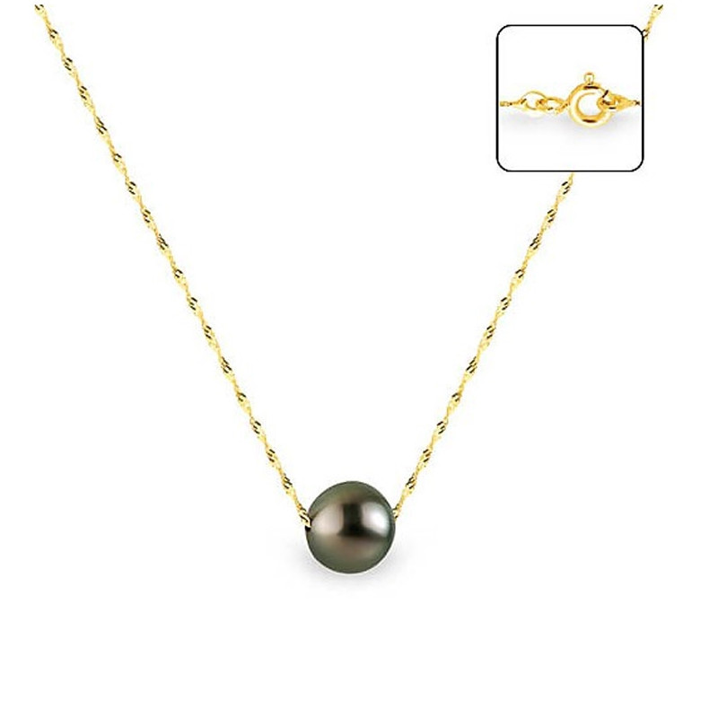 Collier Femme Ras du Cou et Chaine Singapour Or jaune 750/1000 et Perle de Culture d'eau douce de Tahiti Noire