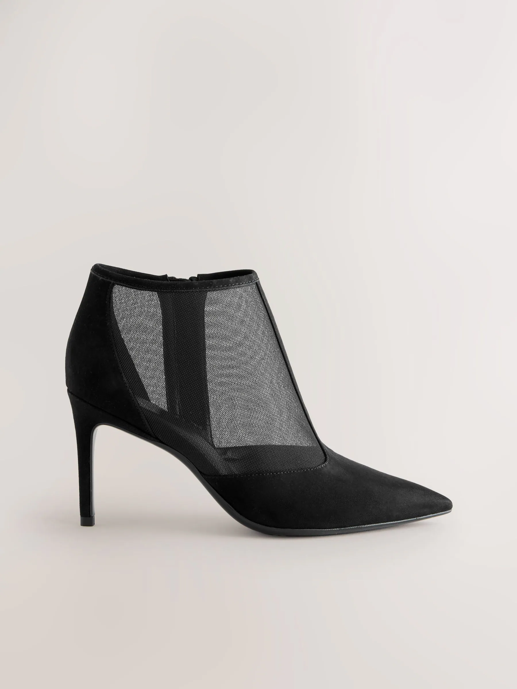 Black Mesh Detail - Pointed Toe T-Bar Ankle Boots