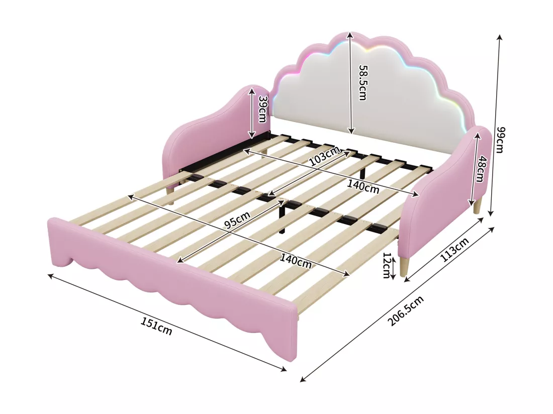 Lit enfant tirable en similicuir - 140x200cm - avec LED et télécommande - Rose (matelas non inclus)