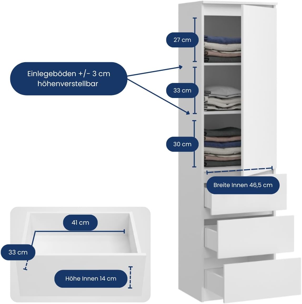 Home Collective Kleiderschrank, Garderobenschrank, Mehrzweckschrank mit 3 Einlegeböden & 3 Schubladen | Funktionaler Schrank für Schlafzimmer, Flur oder Arbeitszimmer | 50x40x180 cm (BxTxH) | Weiß