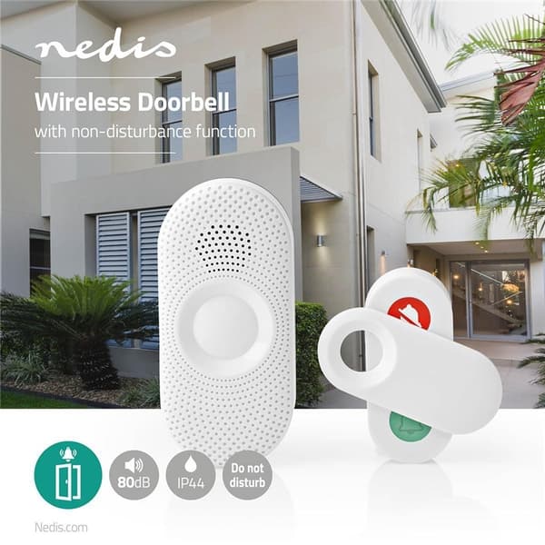 Nedis Trådløs ringeklokke Set | Nettstrøm drevet | 220 - 240 V AC 50 Hz | 1x CR2032 | Volum: 80 dB | Signalområde (siktelinje): 300 m | IP44 | Justerb