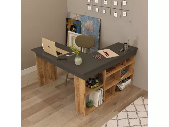 Bureau d'angle Rosaline en bois anthracite-chêne pour un espace de travail moderne