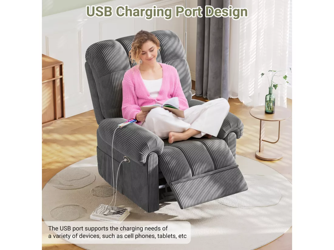 Fauteuil Relax Fauteuil électrique en Velours Côtelé,Fauteuil à loisirs Réglable avec USB,Dossier Réglable,Anti-statique avec Repose Pieds - 96x97x104cm Gris