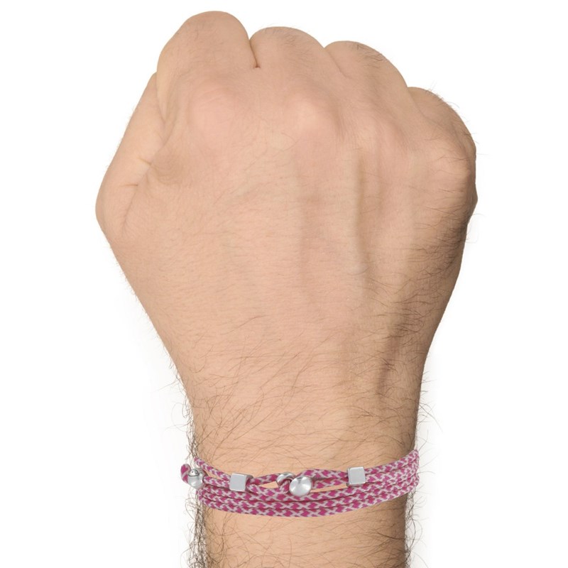 Bracelet Homme Métal Argenté Cubes Fermoir Bouton et Lien en Paracorde - Rose
