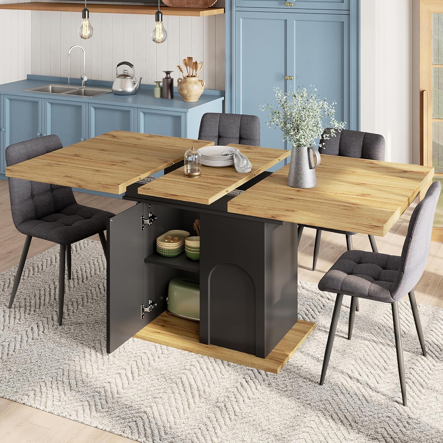 Esstisch Ausziehbar Küchentisch mit Regale und 2 Türen für 4-6 Personen, Esszimmertische mit Stauraum, Esszimmertisch Ausziehbar Esszimmermöbel Küchenmöbel, Holzfarbe+Schwarz, 110-140x80x76 cm TC6280200