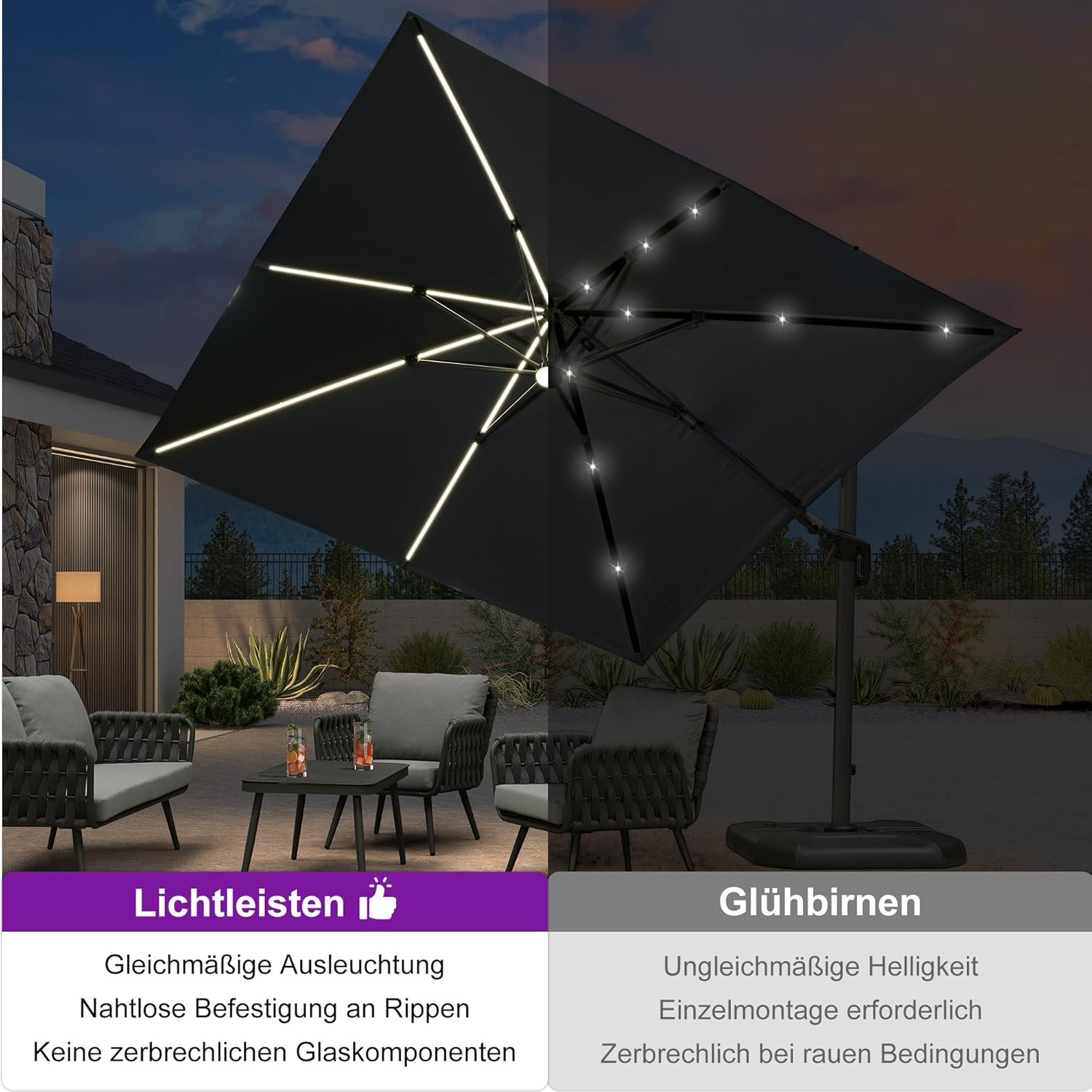 PURPLE LEAF Ampelschirm 300 x 300 cm Sonnenschirm mit LED Beleuchtung, Neigbar Kippbar Gartenschirm mit Kurbel, Aluminium Gestell, 360° Rotation, Grau