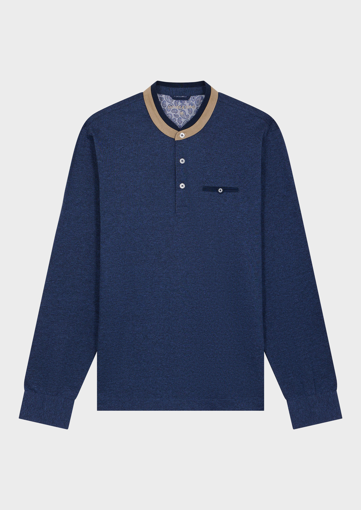 Polo manches longues Slim en coton mélangé uni bleu jeans à col officier