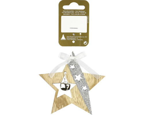 Kerstdecoratie hangende ster met sterren, hout, zilver