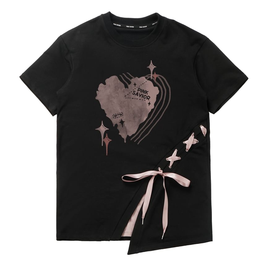 Florimi - T-shirt met korte mouwen en ronde hals met vetersluiting en hartjesprint / Mouwloos, kunstleren bandje, ronde hals met tekstprint en cropped hoodie met mouwen / Cami-top / Rechte joggingbroek met trekkoord in de taille / Gestreepte mini-sko