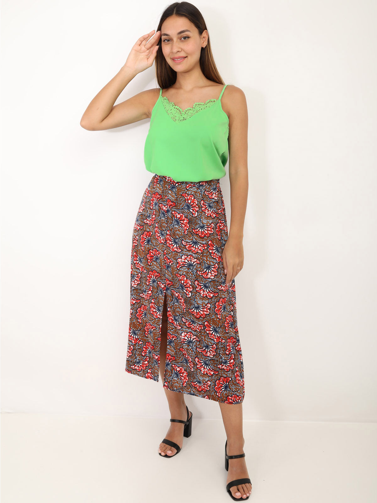 Jupe à motif fleurs style wax- Marron