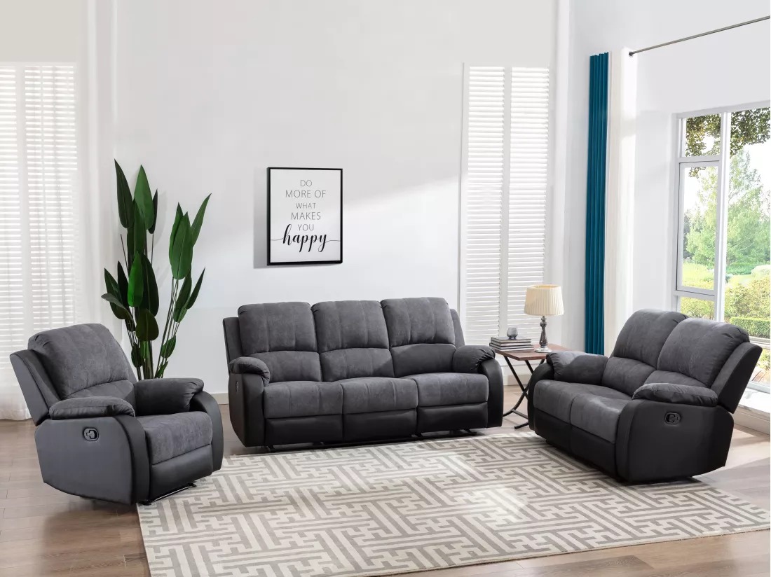 Canapés 3 places 2 places et un fauteuil relax en microfibre et simili gris et noir BRODY