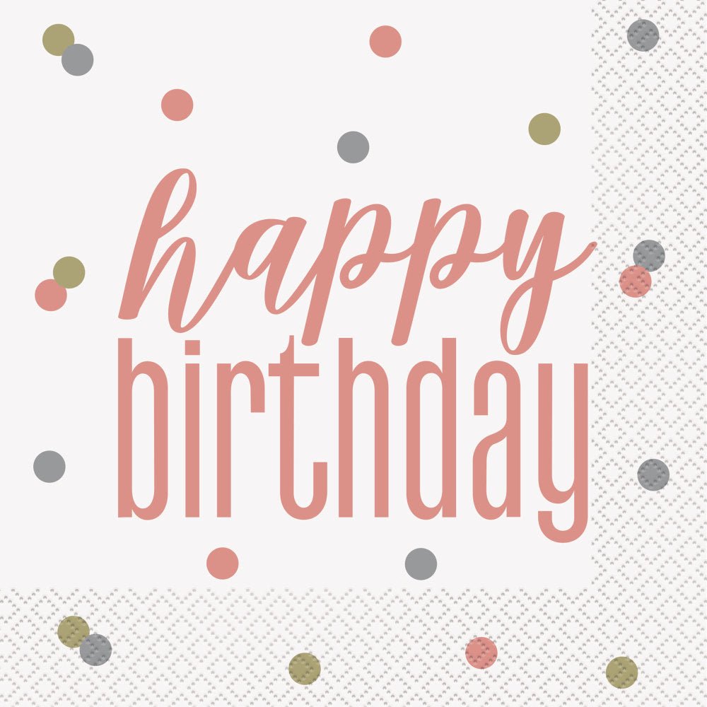 Happy Birthday Servetten Rose Goud 33cm 16st