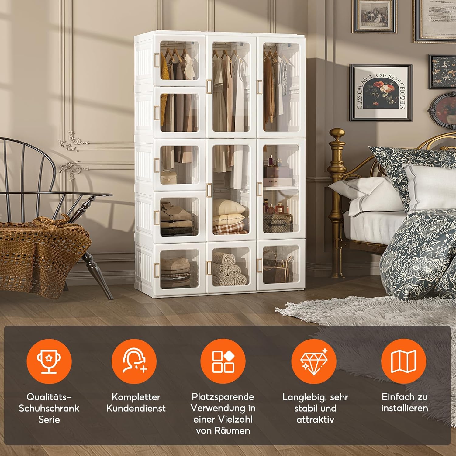 Zusammenklappbarer Kleiderschrank,104x170x50cm, schnelle Montage, vielseitiger Schrank mit Kleiderstange und Magnettüren, perfekt für Schlafzimmer und Wohnzimmer, weiß transparente Türplatte