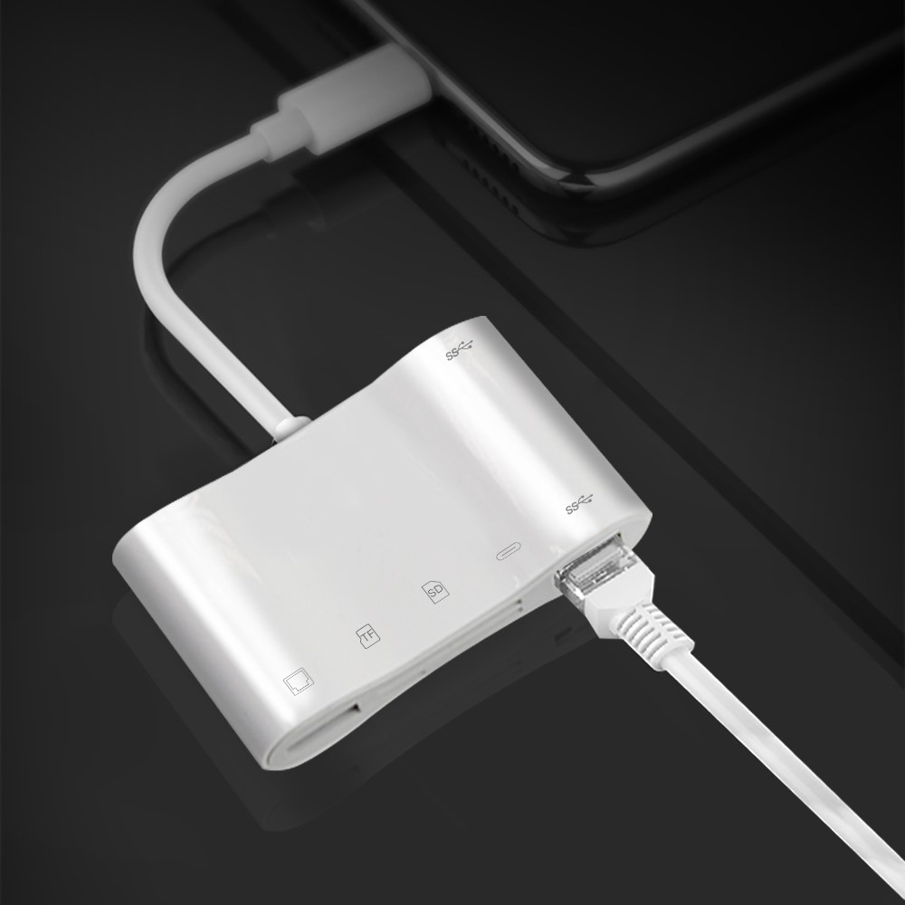 Lightning auf USB A Kamera / Ethernet LAN RJ45 (10/100 Mbits) Adapter   SD / Micro SD Kartenlesegerät / Ladeanschluss für Apple iPhone / iPad - Weiss